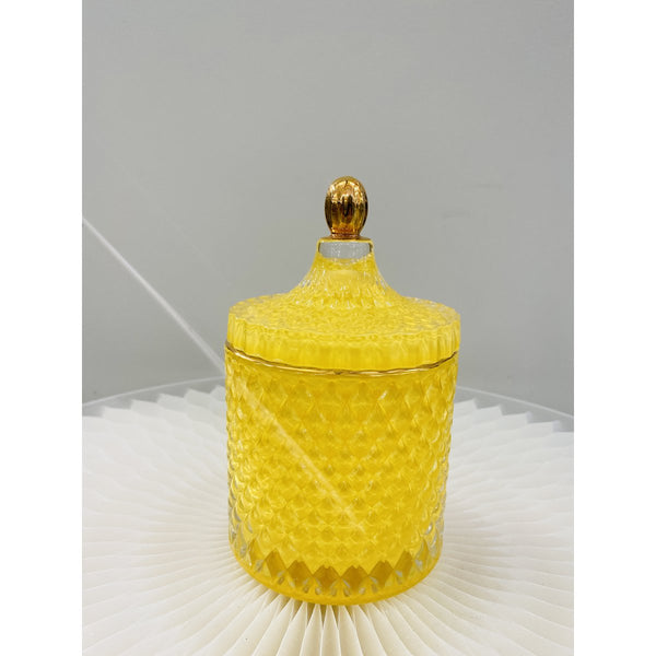 A luxurious glass jar in a stunning shade of yellow